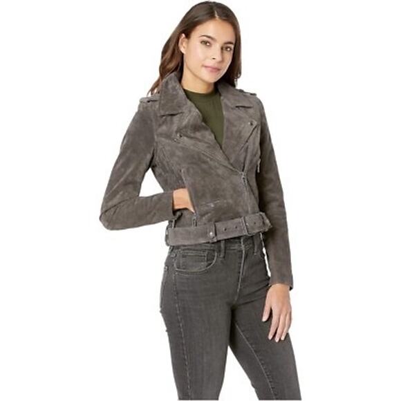 BLANKNYC Suede Moto Jacket French Grey Small Asymmetrical Zip Belted Hem Leather - Picture 2 of 8